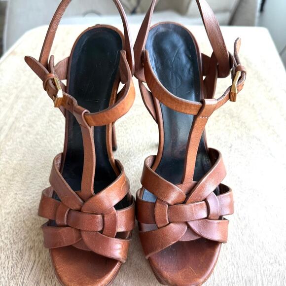 YSL SAINT LAURENT Tribute Platform Sandal Heel Cognac Leather 37.5 Italy Strappy - Picture 11 of 14